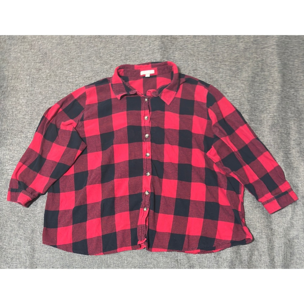 Woman Within Women 4X Button Up Shirt Red Black Buffalo Plaid Flannel Cotton